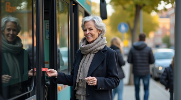 Transport périurbain en France : Avantages, fonctionnement et services proposés Femme d'âge moyen montant dans un bus régional avec carte contactless