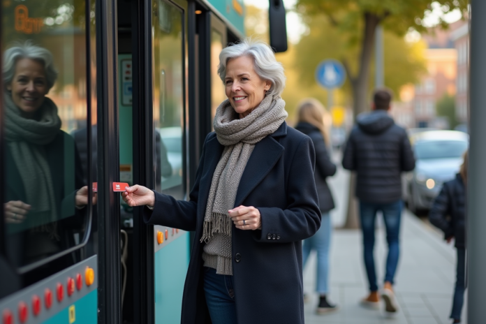 Femme d'âge moyen montant dans un bus régional avec carte contactless