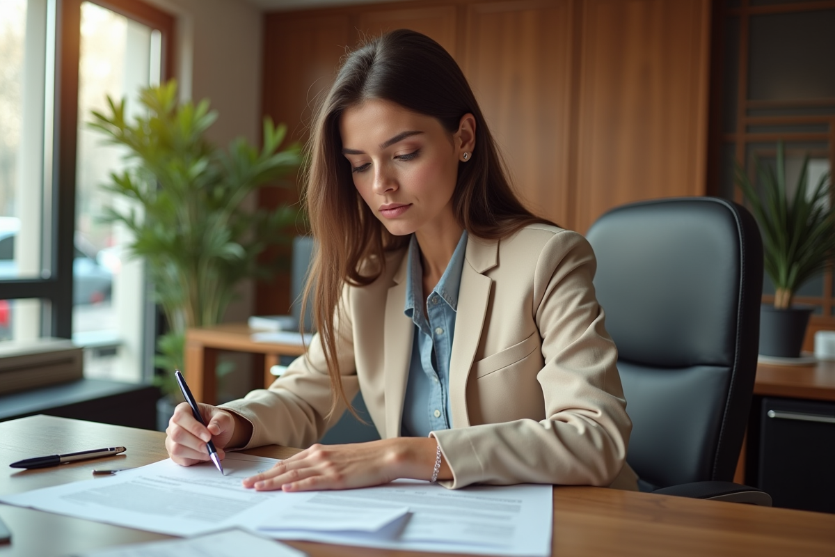 Femme jeune examinant un contrat d