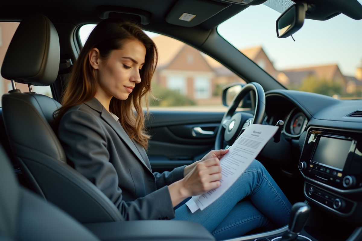 Jeune femme lisant un contrat d