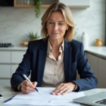 Délai maximum de règlement d’un sinistre auto par l’assureur : 7 conseils pratiques Femme d'une quarantaine d'années examine des documents d'assurance à la maison