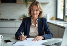 Délai maximum de règlement d’un sinistre auto par l’assureur : 7 conseils pratiques Femme d'une quarantaine d'années examine des documents d'assurance à la maison