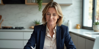 Femme d'une quarantaine d'années examine des documents d'assurance à la maison