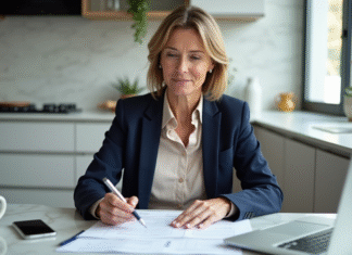 Femme d'une quarantaine d'années examine des documents d'assurance à la maison