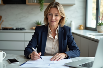 Femme d'une quarantaine d'années examine des documents d'assurance à la maison