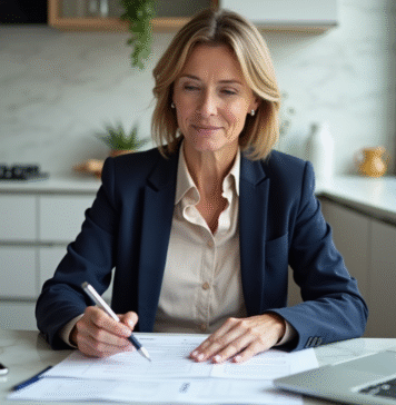 Femme d'une quarantaine d'années examine des documents d'assurance à la maison