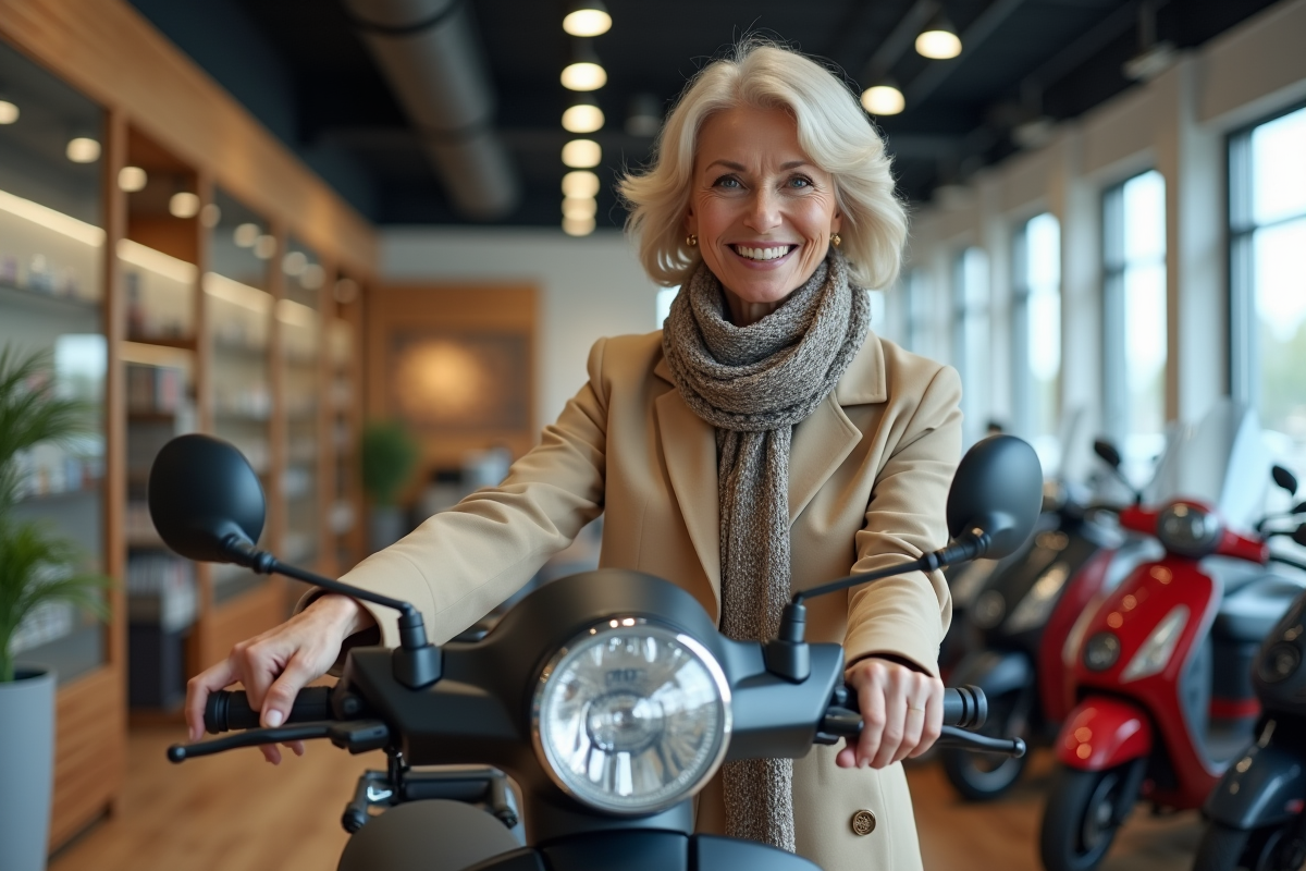Femme regardant un scooter dans un showroom