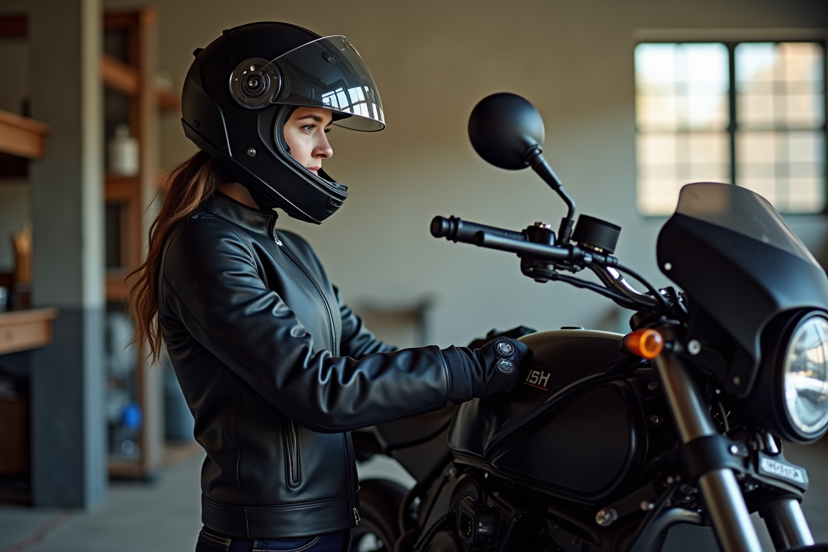Femme examine son moto dans un garage lumineux