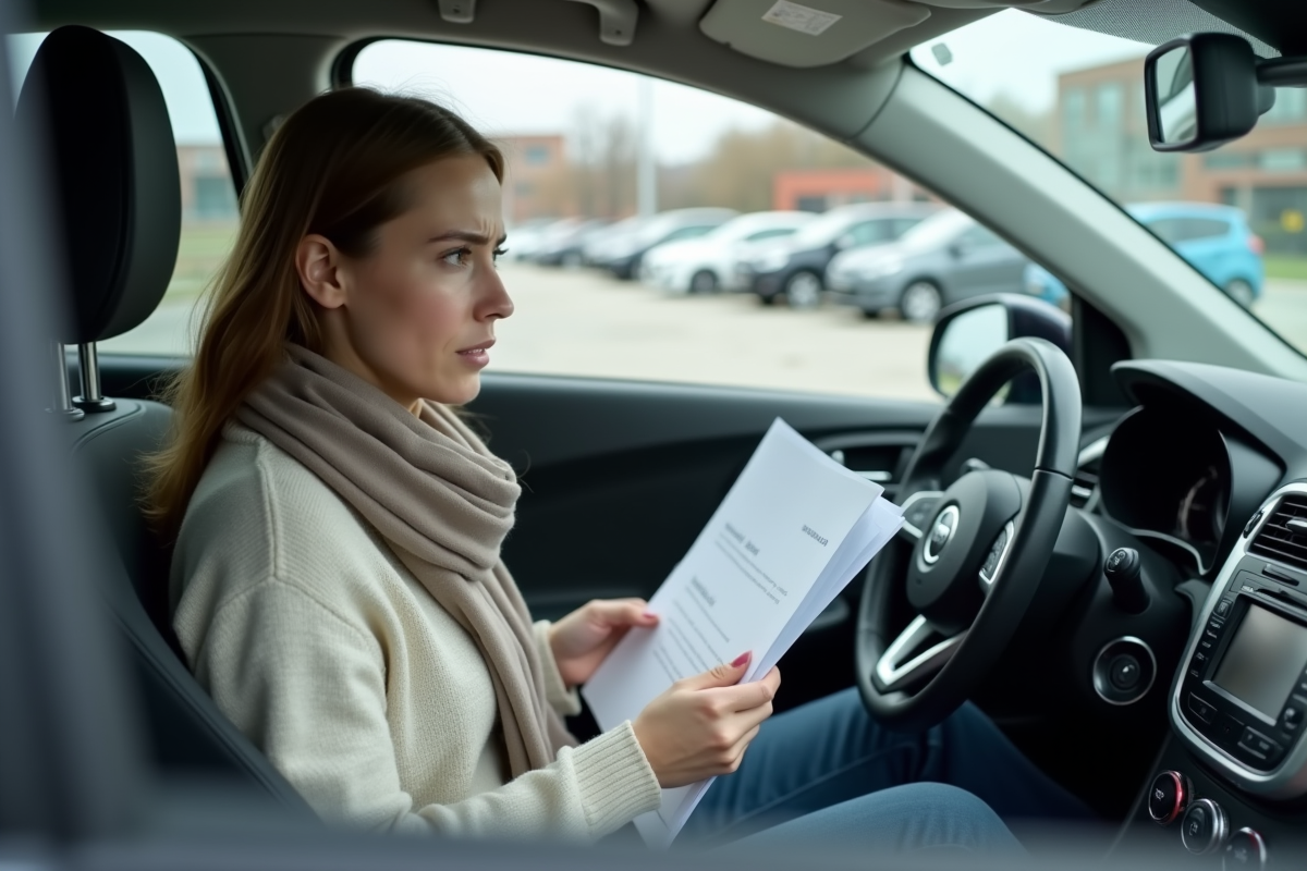 Jeune femme dans sa voiture tenant un rapport d