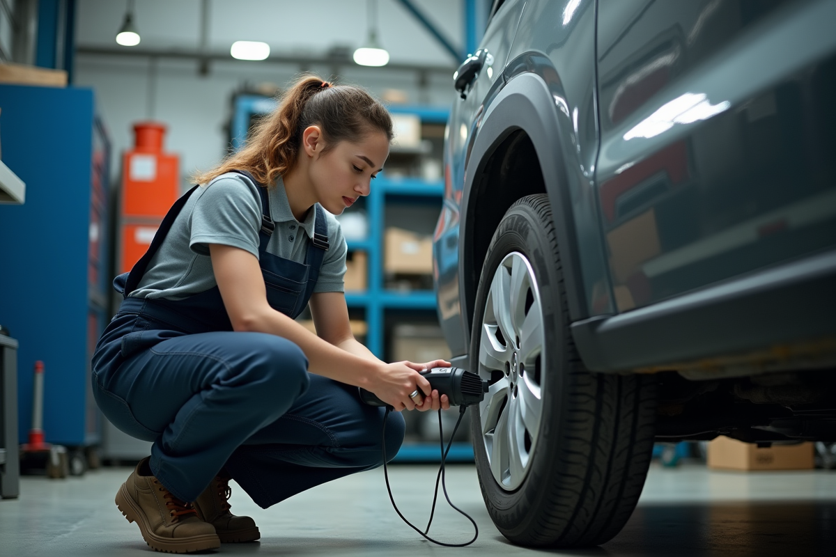 Jeune mécanicienne travaillant sur une Citroën en atelier