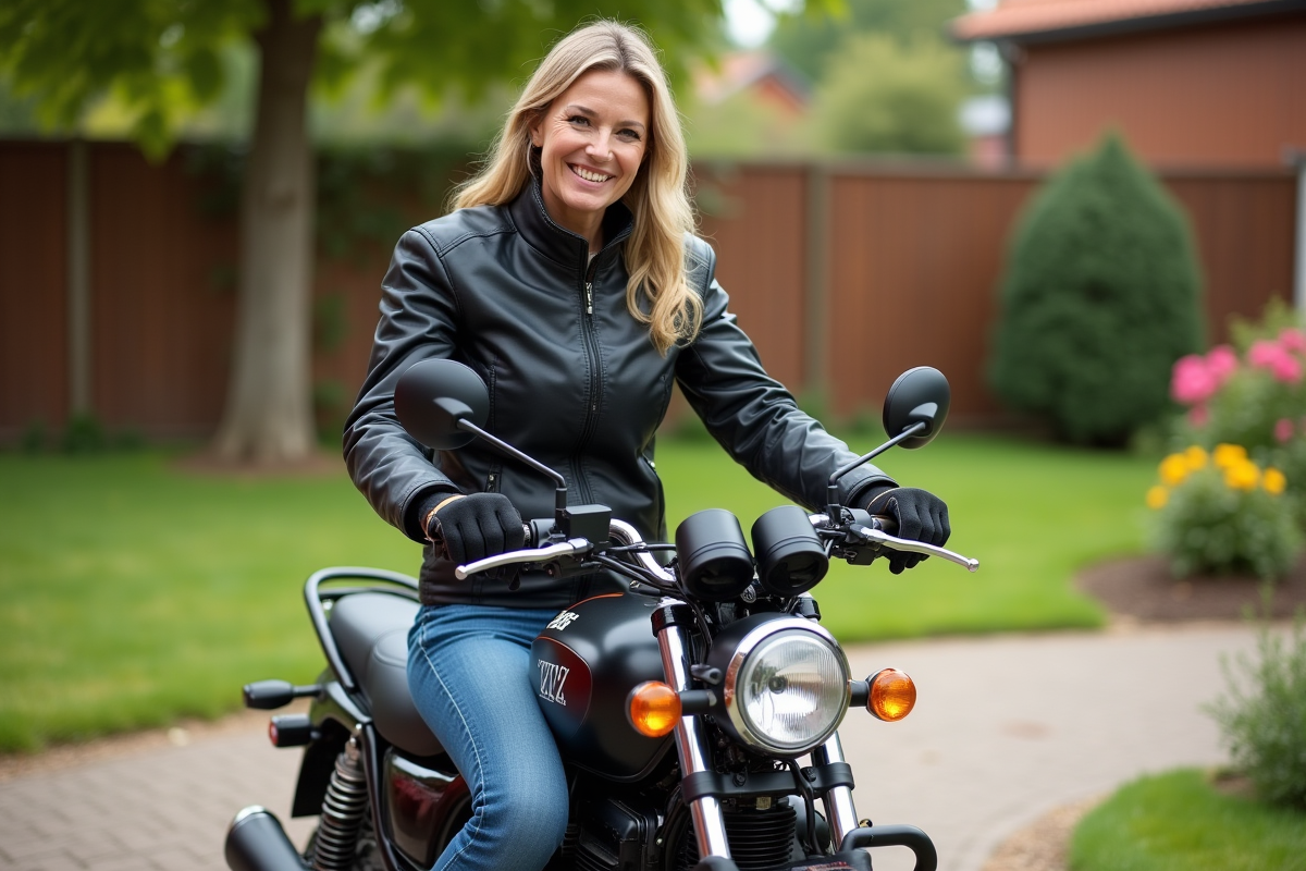 Femme en moto dans un jardin résidentiel avec accessoires