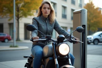 Femme en veste moto grise monte une moto électrique en ville