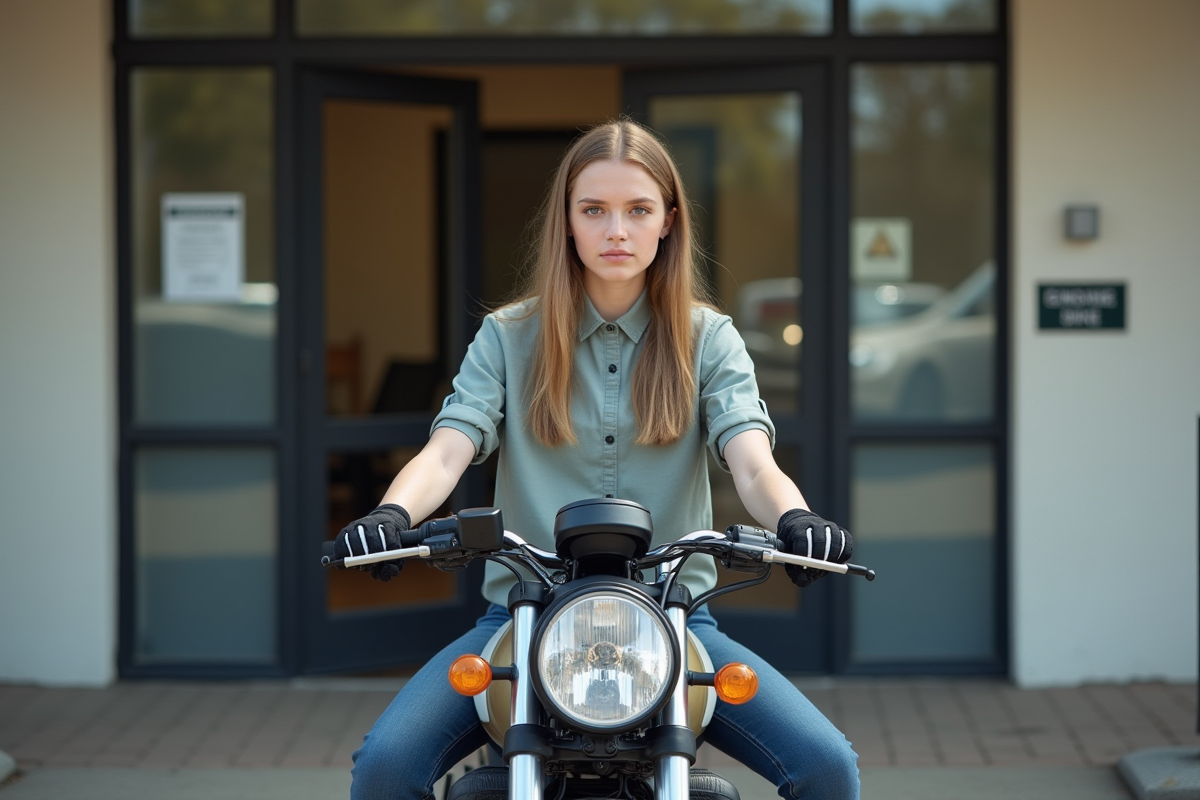 Jeune femme en moto dehors d’un centre de permis moto