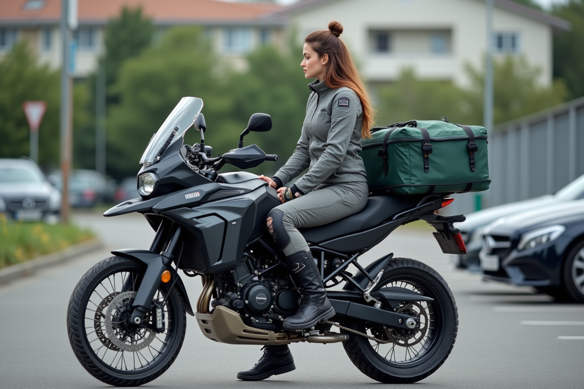 Jeune femme sur moto urbaine évaluant le poids de ses bagages