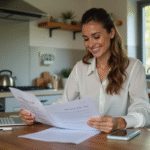 Assurance : récupérer votre bonus facilement et rapidement ! Femme souriante vérifiant documents d'assurance à la maison