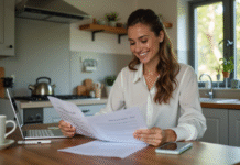 Femme souriante vérifiant documents d'assurance à la maison