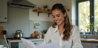 Femme souriante vérifiant documents d'assurance à la maison