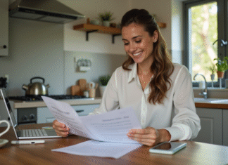 Assurance : récupérer votre bonus facilement et rapidement ! Femme souriante vérifiant documents d'assurance à la maison
