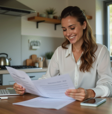 Femme souriante vérifiant documents d'assurance à la maison