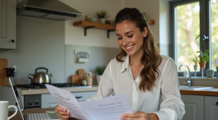 Assurance : récupérer votre bonus facilement et rapidement ! Femme souriante vérifiant documents d'assurance à la maison