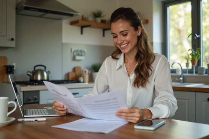 femme-optimiste-papiers-assurance Femme souriante vérifiant documents d'assurance à la maison