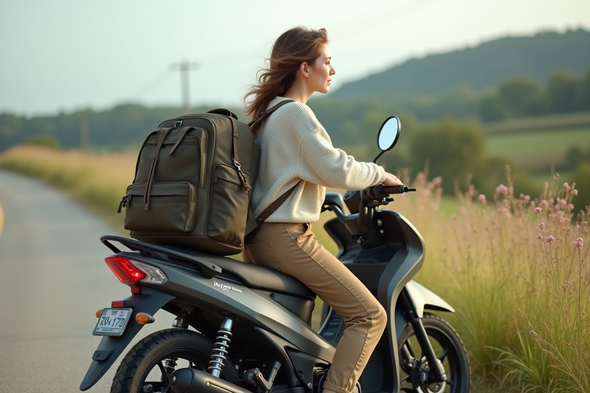 Femme posant avec moto Magpower Avengers 125 en campagne