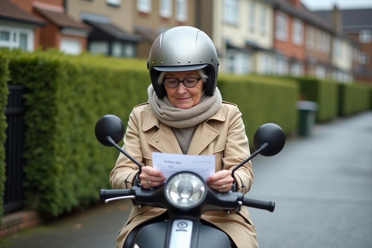 Femme en trench examine un reçu sur son scooter