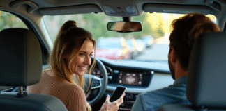 Prime de covoiturage : comment obtenir cette incitation financière ? Femme souriante montrant son smartphone dans la voiture