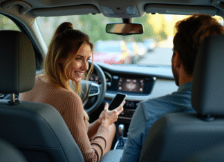 Prime de covoiturage : comment obtenir cette incitation financière ? Femme souriante montrant son smartphone dans la voiture