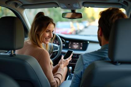 Femme souriante montrant son smartphone dans la voiture