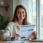 Femme souriante tenant un certificat d'immatriculation voiture