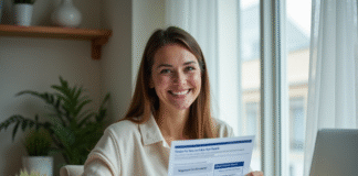 Femme souriante tenant un certificat d'immatriculation voiture