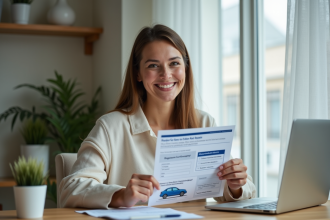 Femme souriante tenant un certificat d'immatriculation voiture