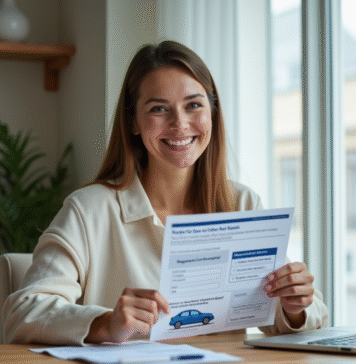 Femme souriante tenant un certificat d'immatriculation voiture