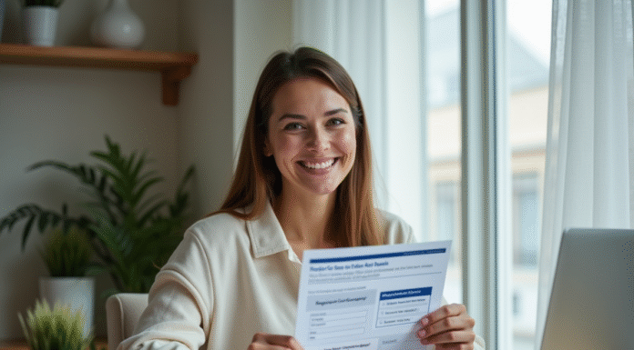 Femme souriante tenant un certificat d'immatriculation voiture