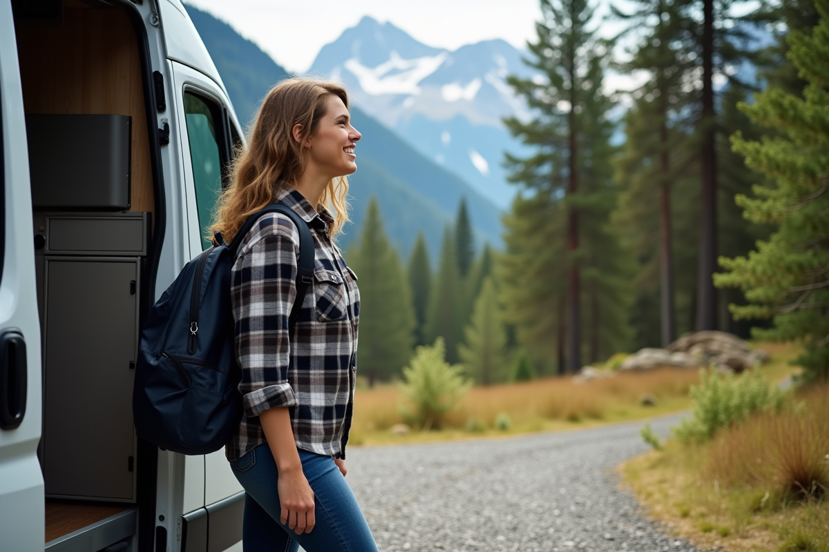 Jeune femme sortant du van dans la forêt alpine