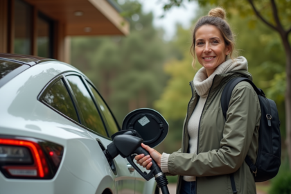 Femme placant une borne électrique dans une station biofuel écologique