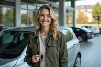 Femme souriante avec clés de voiture devant un véhicule d'occasion