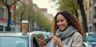 Proposer un trajet en voiture : conseils pratiques pour optimiser le covoiturage Jeune femme souriante pointant son smartphone devant une voiture dans un parking