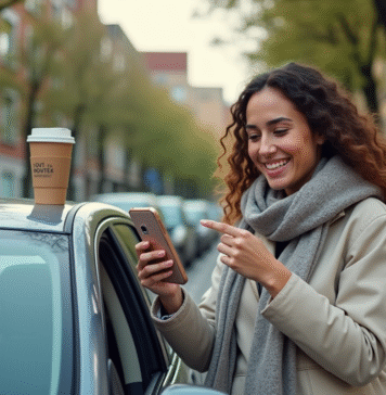 Proposer un trajet en voiture : conseils pratiques pour optimiser le covoiturage Jeune femme souriante pointant son smartphone devant une voiture dans un parking