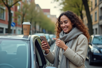 Jeune femme souriante pointant son smartphone devant une voiture dans un parking