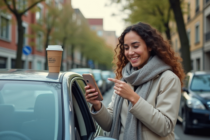 Jeune femme souriante pointant son smartphone devant une voiture dans un parking