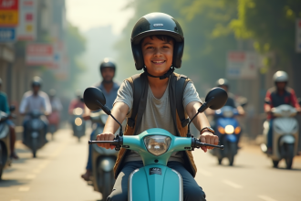 Adolescent conduisant un scooter électrique en Inde