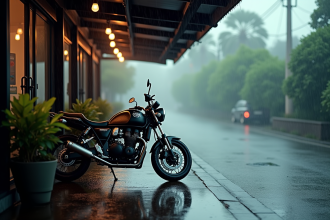 Moto protégée sous la pluie avec équipements adaptés