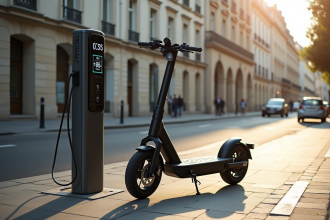 Scooter électrique immobilisé devant une vitrine de boulangerie