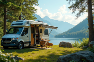 Fourgon aménagé sur la route avec paysage naturel en arrière-plan