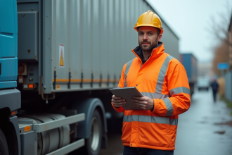 Camion de 20m³ sur la route avec des panneaux de signalisation