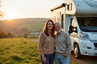 Camping-car d'occasion sur un terrain avec des arbres en arrière-plan