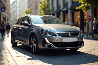 Peugeot 308 grise avec design élégant et intérieur raffiné