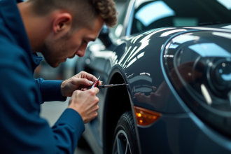 Rayure sur une carrosserie de voiture nécessitant une réparation